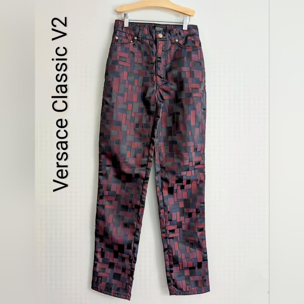Versace V2 Classic Vintage 90s Geometric Pattern Pants Burgundy Blue Black | S27